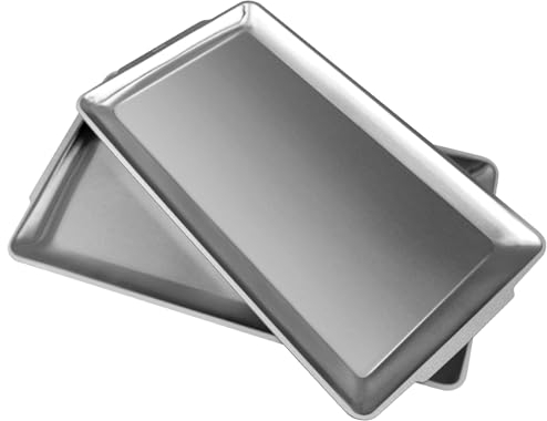 Sanbege 2 Pcs 304 Stainless Steel Serving Platters, 14.2 Rectangle Dinner Plates, Vanity Organizer Tray for Camping, BBQ, Party, Buffet, Appetizer, Bathroom Supplies (Brushed Nickel)