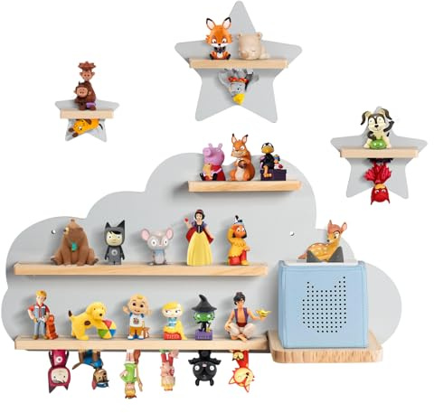 Todeco Tonie-Regal für Toniebox Hörfiguren, Magnetische Aufbewahrung für 20-25 Tonie, Perfekte Tonie Aufbewahrung im Kinderzimmer für Mädchen & Jungen, Graue Wolke und Stern