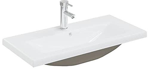LAPOOH Inbyggt tvättställ med kran, toppmonterat handfat, badrumshandfat, tvättställ, avloppsblandare, toppmonterat handfat, 81 x 39 x 18 cm keramik vit