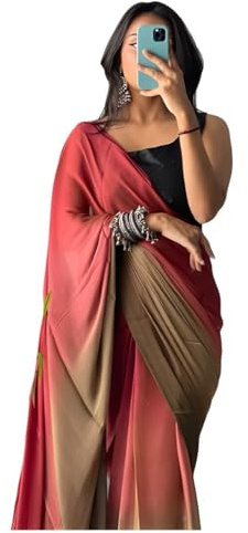 Stylescope Women's Chiffon Ombre Effect Ready To Wear One Minute Saree With Unstitched Blouse Piece (Pallavi), Coffee-Gajari, Free Size