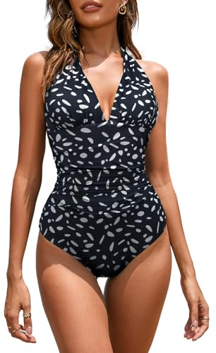 Veranobreeze baddräkt i ett stycke för kvinnor, baddräkt med mageffekt, badkläder, monokini med knutdetalj och push-up-effekt, kupstorlekar D till G, Fyrverkeri svart, 42