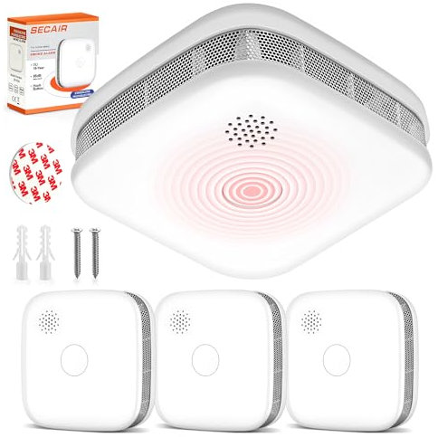 SECAIR Detecteur de Fumée 10 Ans Pile Lot De 3 sans Clignotement avec Support Magnétique,Bouton de Mise en Sourdine Détecteur d'incendie,Détecteur de fumée Conforme à la Norme EN14604