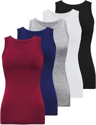 BQTQ 5 Pack Womens Crewneck Tank Tops High Neck Tank Tops Sleeveless Slim Fit Basic Tanks Top Ladies Undershirts, Black, White, Gray, Dark Red, Navy, XXL