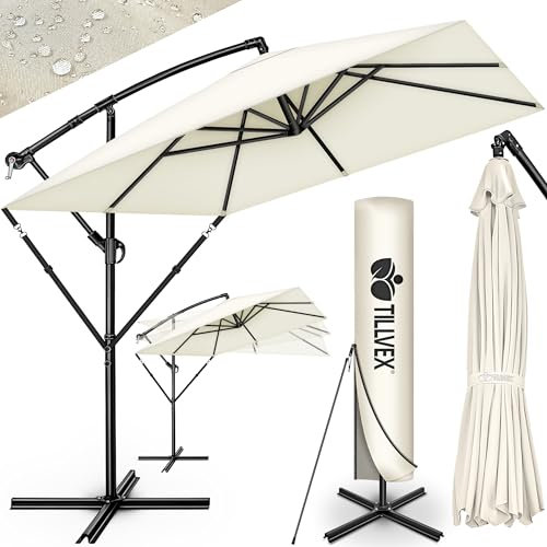 tillvex® Parasol déporté Rectangulaire Ø330cm + Housse de Protection & contre le vent | Parasol à manivelle carré + support | pour le jardin Extérieur en aluminium