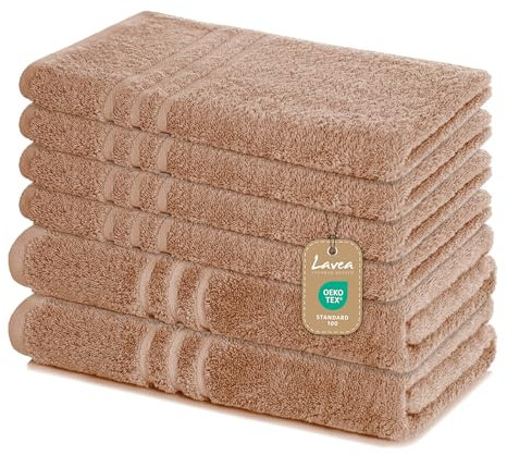 Lavea Lot de 6 Serviettes 100% Coton – Cappuccino, 4 Serviettes de Toilette de 50 x 100 cm et 2 Serviettes de Douche 70 x 140 cm – Doux, absorbantes et certifiées Oeko-Tex – Serviettes de Bain