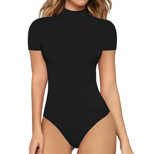 DUOYIJIN Short Sleeve Bodysuit for Women Turtle Neck Tank Top Ladies Leotard Body Suits with Snap Closure Going Out Casual Slim Fit Summer T-Shirts(Black/L)