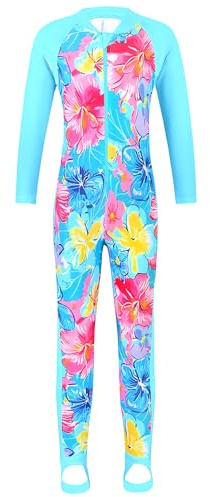 HUAANIUE Langärmeliger Badeanzug mit süßem Blumen- und Fisch-Neoprenanzug mit Reißverschluss für Jungen und Mädchen, 09 Pinkblue Bademode, 5-6 Jahre
