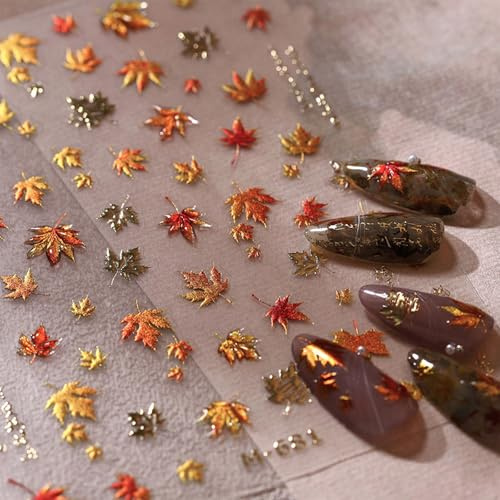 JMEOWIO 3D Embossed Fall Autumn Nail Art Stickers Decals Self-Adhesive 5D Maple Leaf Thanksgiving Nail Supplies Nail Art Design Decoration Accessories 1 Sheets