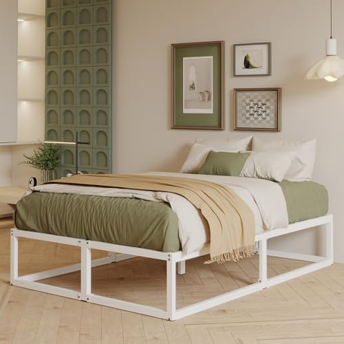 EMODA Cama de Metal 120 x 190 con Somier de Láminas, Marco de Camas Matrimoniales Altura 36 cm con Almacenamiento Debajo, Estructura Resistente, Fácil Montaje, Libre de Ruidos, Blanco