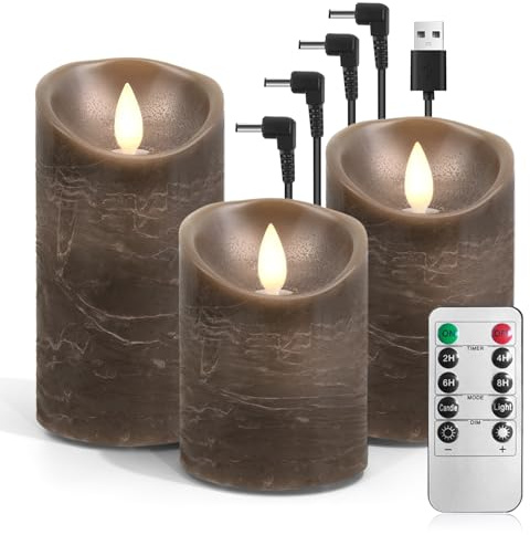 AnnSpa 3 Pezzi Candele Led Ricaricabili Usb Con Telecomando, Funzione Timer, Dimmerabile Candele Senza Fiamma, Candele Elettriche Andele Decorative con Fiamma Tremolante, Campeggio - Marrone