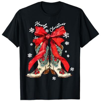 Retro Howdy Christmas Xmas Cowboy Boots Coquette Bow Western T-Shirt