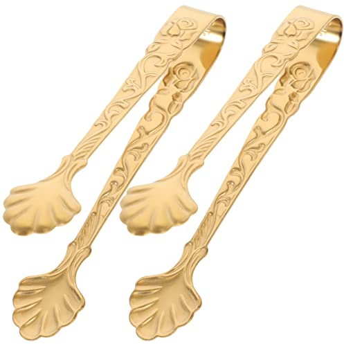 3.5inch Mini Serving Tongs, 2PCS Sugar Tongs, Small Stainless Steel Sugar Cube Pick with Rose Embossed Ice Grabber for Tea and Coffee Party Charcuterie Board Appetizers （Gold）