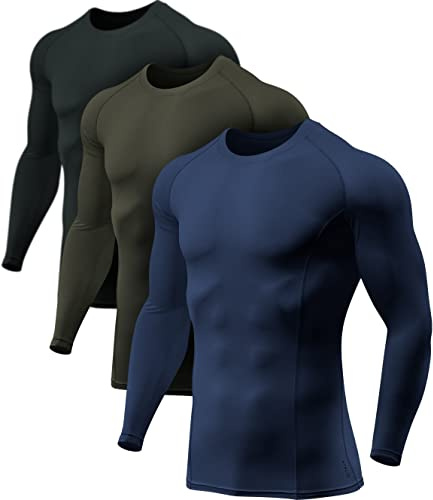 ATHLIO Men's UPF 50+ Long Sleeve Compression Shirts, Water Sports Rash Guard Base Layer, Athletic Workout Shirt, 3pack Black/Navy/Hunter Green, Large