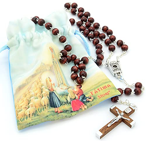 Rosario Religioso Con Agua de Fatima, de Madera Rojiza y Bolsa Estampada. Rosario Católico Convertible en Colgante Hombre o Collar Mujer. Agua Fatima Madera