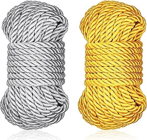 WEGO 2 Pack All Purpose 32 feet 8mm(1/3inch) Diameter Soft Silk Rope Solid Braided Twisted Ropes,10m Durable and Strong Twine Cord String Thread (Gold Silver), Gold,Silver (silvergold)