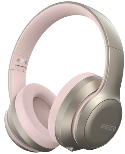 IFECCO Bluetooth Kopfhörer Over-Ear - Kopfhörer Kabellos mit Mikrofon,Faltbares HiFi Stereo Wireless kopfhörer für Reisen/Büro/Handy/PC (Champagner Gold)