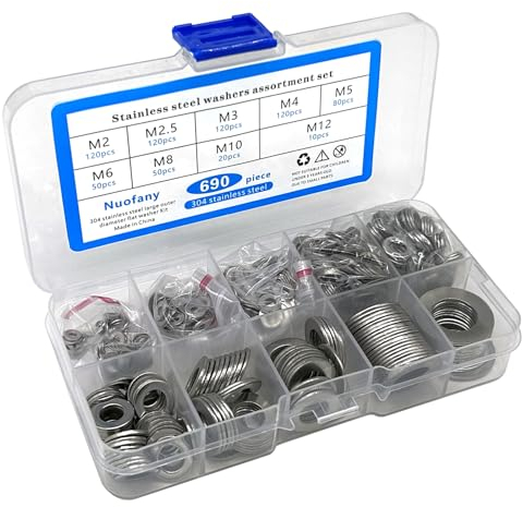 690 Pieces 304 Stainless Steel Flat Washers for Screws Bolts, Fender Washers Assortment Set, Assorted Hardware Lock Metal Washers Kit (9Sizes-M2 M2.5 M3 M4 M5 M6 M8 M10 M12) for Home, Factories