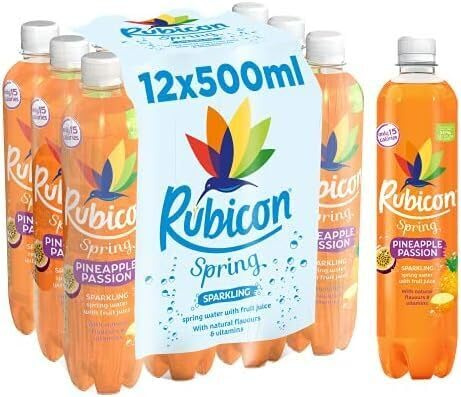 Rubicon Spring Sparkling Spring Water with Real Fruit Juice & Natural Flavours, PMP 24 x 500 ml Multipack Bottles, (12 Pineapple Passion & 12 Orange Mango) - By Shop 4 Less.