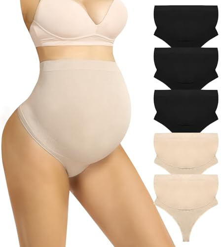 Boguish Umstandsunterwäsche, Tanga für Frauen, Schwangerschafts-Shapewear über dem Bauch, nahtlos, 5er-Pack, Schwarz / Nude, S