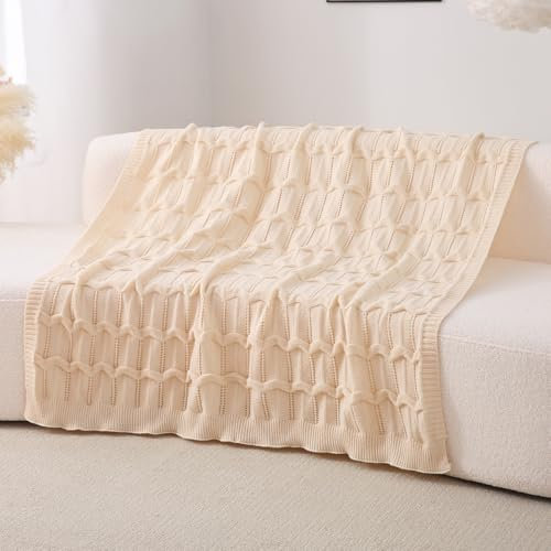 Wajade Knit Throw Lightweight Knitted Blanket for Sofa & Bed Breathable Non-Fluffy Knit Design with Ripple Texture All Seasons Home Decor(Beige 130 * 170)