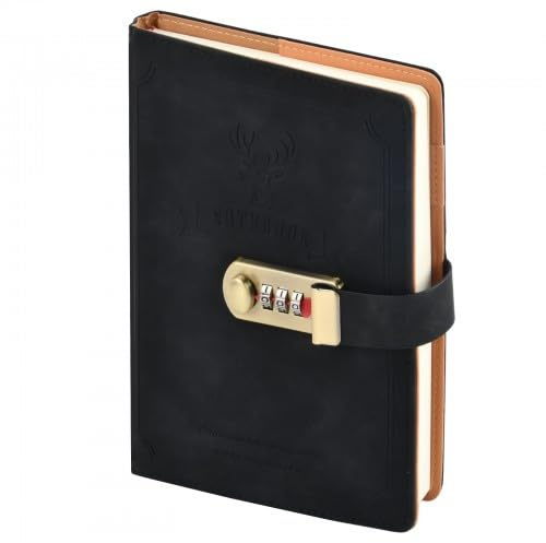 Duronge Diario con Cerradura, Cuaderno de Contraseñas, Diario Vintage de Piel Sintética, 240 Páginas, Cuaderno de Tapa Dura, para Hombres y Mujeres (Negro)