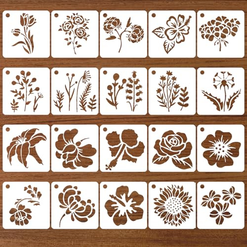 BOHUIZ 20 plantillas reutilizables para pintar sobre madera, plantillas de flores reutilizables para pintar en madera, pared, muebles