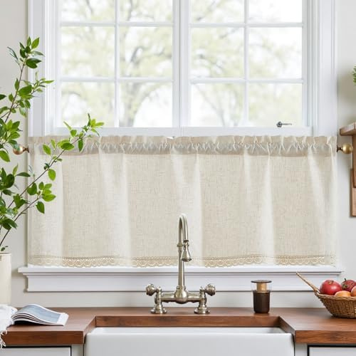 Vangao Fönstergardiner till kök, beige, spetskant, linneutseende, bistrogardin, set om 1, 125 B x 45 H cm med stänger, volang för husvagn, barnrum, lantlig stil, gardiner, kort, halvtransparenta
