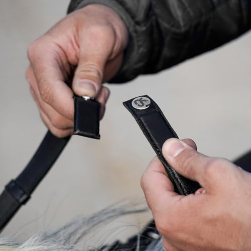 SUNRIDE riendas de Seguridad para Caballo (NoPanic) con Cierre magnético – Sistema MagneticForce – Goma con topes – Cuero auténtico Hecho a Mano – Antideslizantes y Resistentes (Negro, Full)