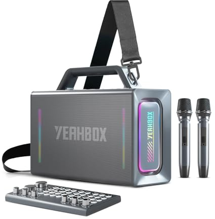YEAHBOX Thunder 500 Portable Bluetooth Karaoke Speaker 200W Max with 2 Wireless Microphones, PA System & LED Lights, for Indoor/Outdoor Home Party, Supports EQ/AUX/USB/TF