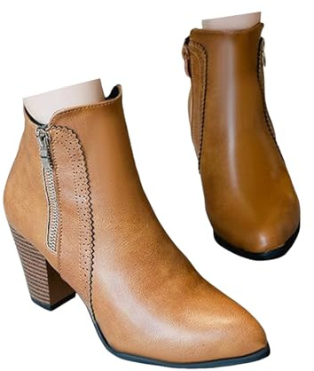 Xbemkste Bottines élégantes pour femme avec talon - En cuir - Style vintage - Tige courte - Avec fermeture éclair - Bout pointu, marron, 37.5 EU