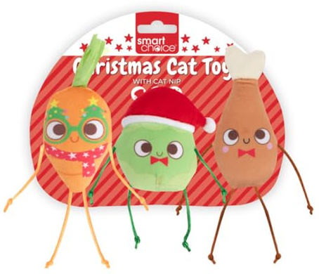 YöL Christmas Cat Toy Set of 3 with Catnip – Festive Plush Carrot, Brussels Sprout & Turkey Drumstick with Crinkle & String Arms – 7–10cm Interactive Holiday Toys for Cats & Kittens