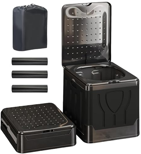 LZEXIN Portable Toilet, Outdoor Camping Toilet for Adults Kids, Collapsible Lightweight Emergency Toilets with Lid, Carry Bag, Foldable Loo WC for Car with 30pcs Cleaning Bags(Black)