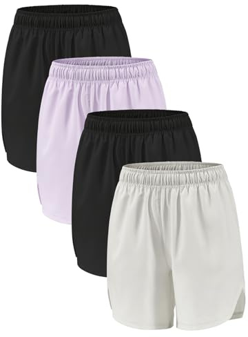 Orrfreer 4 Pack Girls Athletic Shorts,Sports Shorts 6-14 Years Teen Kids Running Cycling Basketball Short for Girls with Drawstring & Pockets Black/Purple/Black/Grey M