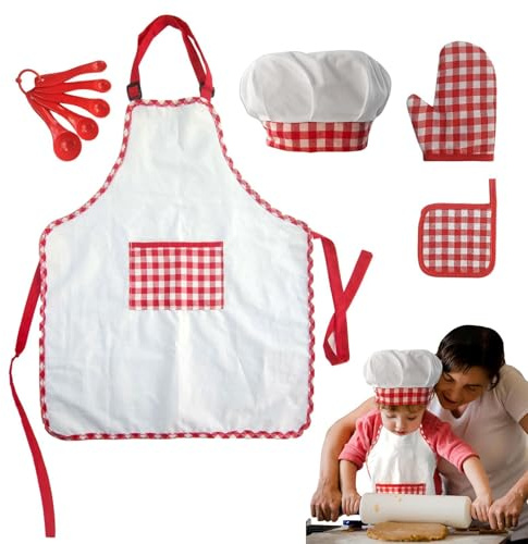 Cooking Apron Set for - Baking Role Play Costume Apron Hat Glove Insulation Mat Spoon Creative Kids Dress Outfit Fun Cooking Career Activity for Boys and Girls