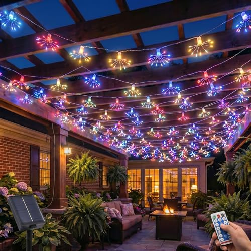 Tomshine 2 Pezzi Luci Fuochi d'Artificio Solari da Esterno 3M 100 LED Colorate, Ghirlanda Luminosa con Telecomando e Timer, Addobbi Natalizi per Giardino, Feste, Natale