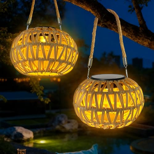 2 Piezas Farolillos Solares Exterior Colgante/De Pie, Ratán Lampara Solar Exterior Jardin, IP65 Impermeable Luz Solar Exterior Mesa, Linterna Solar Decoracion Jardin Exterior Terraza Balcón Patio