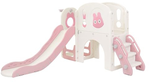 Joyz Tobogán Infantil 5 en 1 con Escaleras de Trepa, Canasta de Baloncesto Telescópica y Túnel, Torre de Juegos, Parque para Exterior/Interior, Rosa/Blanco, para Niños a Partir de 3 Años