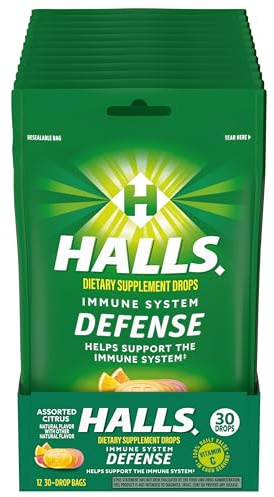 HALLS Defense Assorted Citrus Vitamin C Drops, Dietary Supplement Drops, 12 Bags of 30 Drops (360 Total Drops)