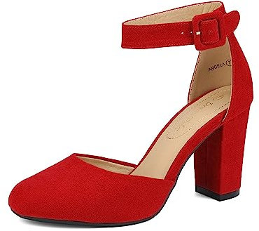 DREAM PAIRS Womens High Heels Closed Toe Court Shoes Block Ankle Strap Ladies Sandals for Wedding,Size 7,Red/Suede,Angela