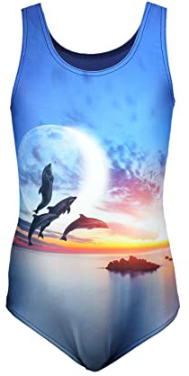 Aquarti Badeanzug Mädchen – Sportlicher Mädchen Badeanzug mit Ringerrücken Print, Farbe: Delfine Mond Orange/Dunkelblau, Größe: 146