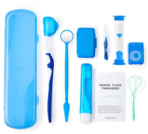 Annhua Fixed Braces Cleaning Kit, 8 Pack Blue Orthodontic Travel Dental Care Set, Portable Orthodontic Oral Care Kit with Interdental Brushes, Brace Wax, Floss Threader, Oral Mirror and Timer