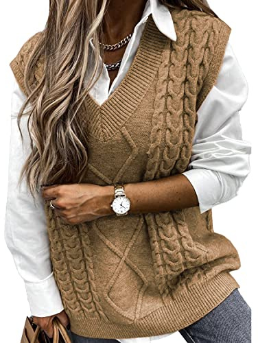 Voqeen Pull Femme Gilet en Tricot sans Manches Blouson Col V Pullover Chandail Chaud Bureau Tops Automne Hiver Veste Sweater Simple Cadeaux de Noël La Saint-Valentin Anniversaire(Kaki,XL)