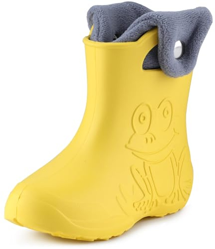 Ladeheid Stivaletti Pioggia Bambino in EVA Termici, Invernali Stivali Pioggia Bambina Calzino Interno con Bottoni e Motivo a Rana, Scarpe Bambino LA-CA-04 (Giallo Grigio, 34/35)