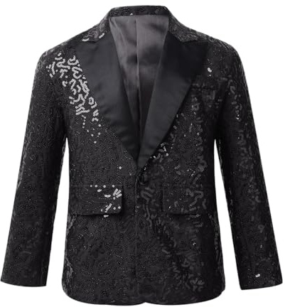 inlzdz Abito da Smoking Bambino Ragazzo Giacca con Paillettes Vestito da Cerimonia Sera Party Giacca Elegante Brillantini Blazer Cappotto da Batessimo Slim Fit 5-14 Anni Nero 11-12 anni