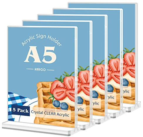 VAIIGO A5 Acrylic Sign Stand, T-Shape Poster Menu Holder - Double-Sided Display Stand for Restaurant, Hotel, Office, Wedding, Menu, Picture, Document, Promotion (White/5Pack)