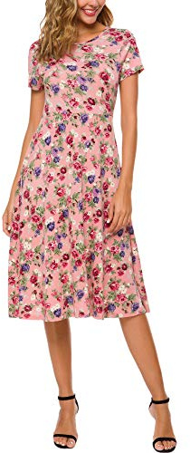 EXCHIC Donna Elegante Floreale Midi Vestito Maniche Corte Elastico Estate Abito (M, 12)