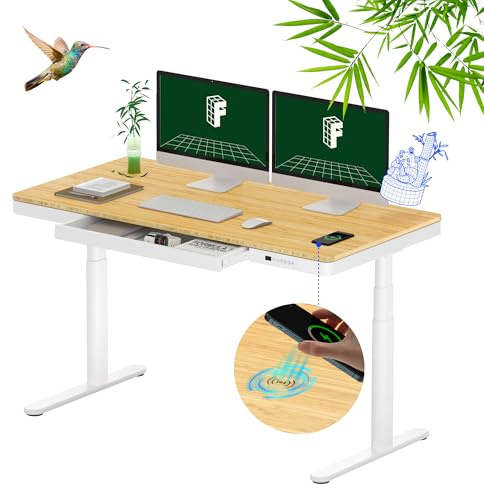 FLEXISPOT Standing Desk Dual Motor, Home Office Electric Height Adjustable Sit-Stand Desk with Drawer & Fast USB Chargers(White Frame+Bamboo Top,140 * 70cm)