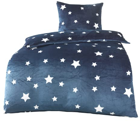 BaSaTex Winter Plüsch Bettwäsche Set Sterne Nicky-Teddy Cashmere-Touch | 135x200 155x220 + 80x80 Kissenbezug | Größe: 135x200 | Farbe: Blau