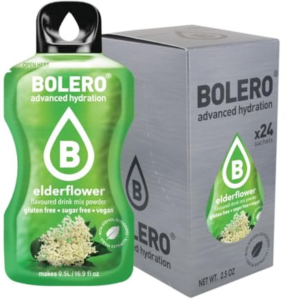Bolero Drink 24 bolsitas 3 gr Sticks Frutas Preparado Polvo Soluble Para Bebida Fresca en Agua Producto, 72 gramos endulzado con stevia (Elderflower)