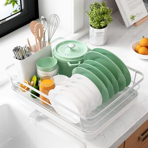 Kitsure Dish Drying Rack- Space-Saving Dish Rack, Dish Racks for Kitchen Counter, Stainless Steel Kitchen Drying Rack with a Cutlery Holder, Large, White